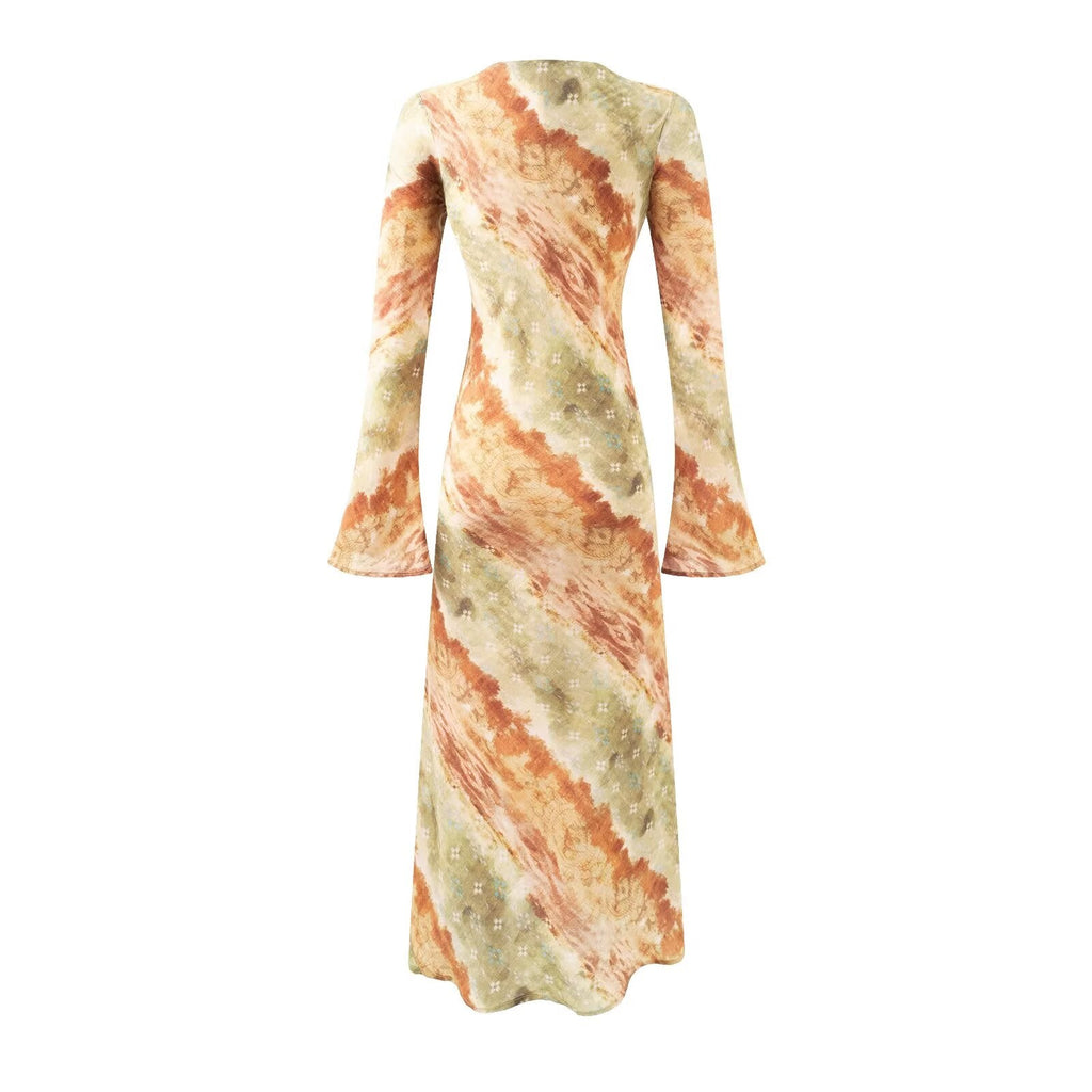 Robe longue de vacances chic et évasée à manches longues à imprimé vintage et col rond