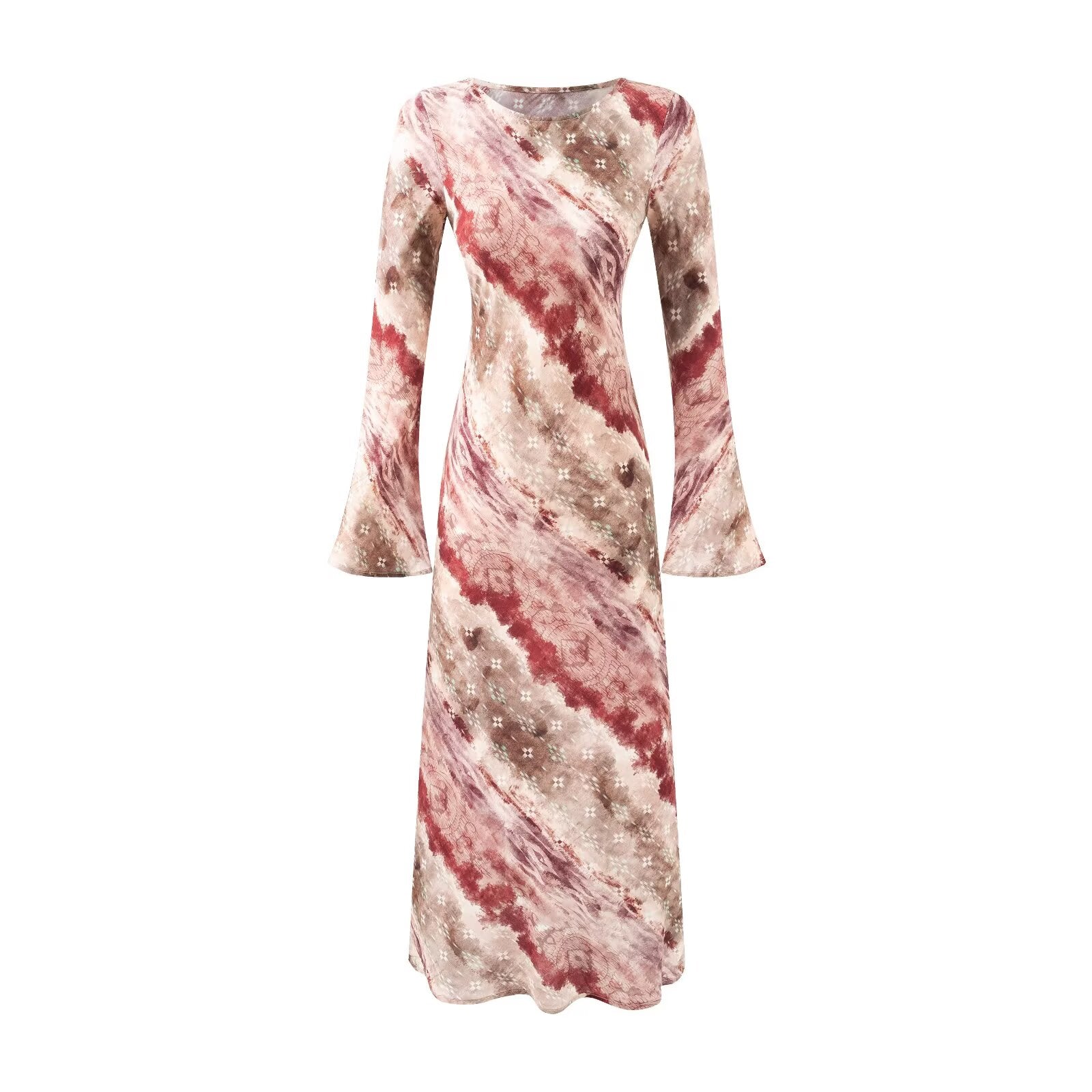 Robe longue de vacances chic et évasée à manches longues à imprimé vintage et col rond