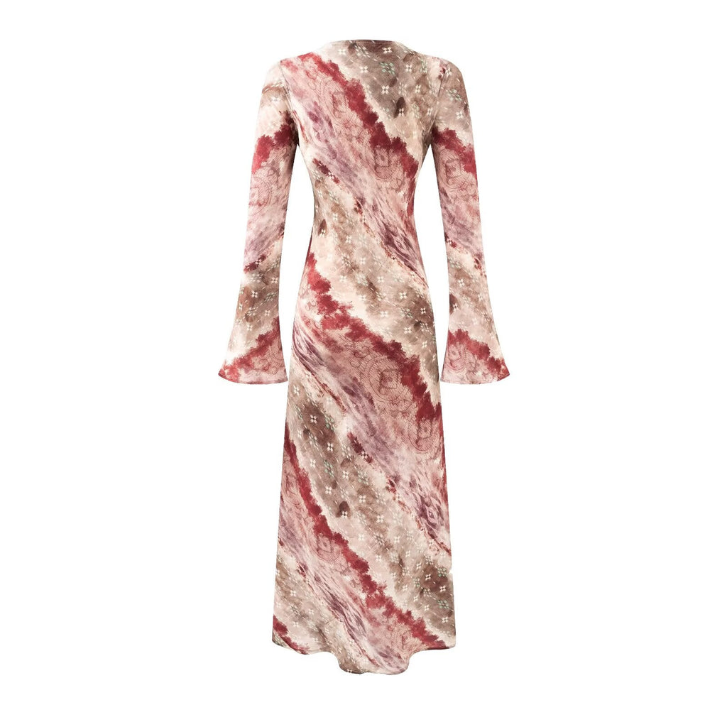 Robe longue de vacances chic et évasée à manches longues à imprimé vintage et col rond