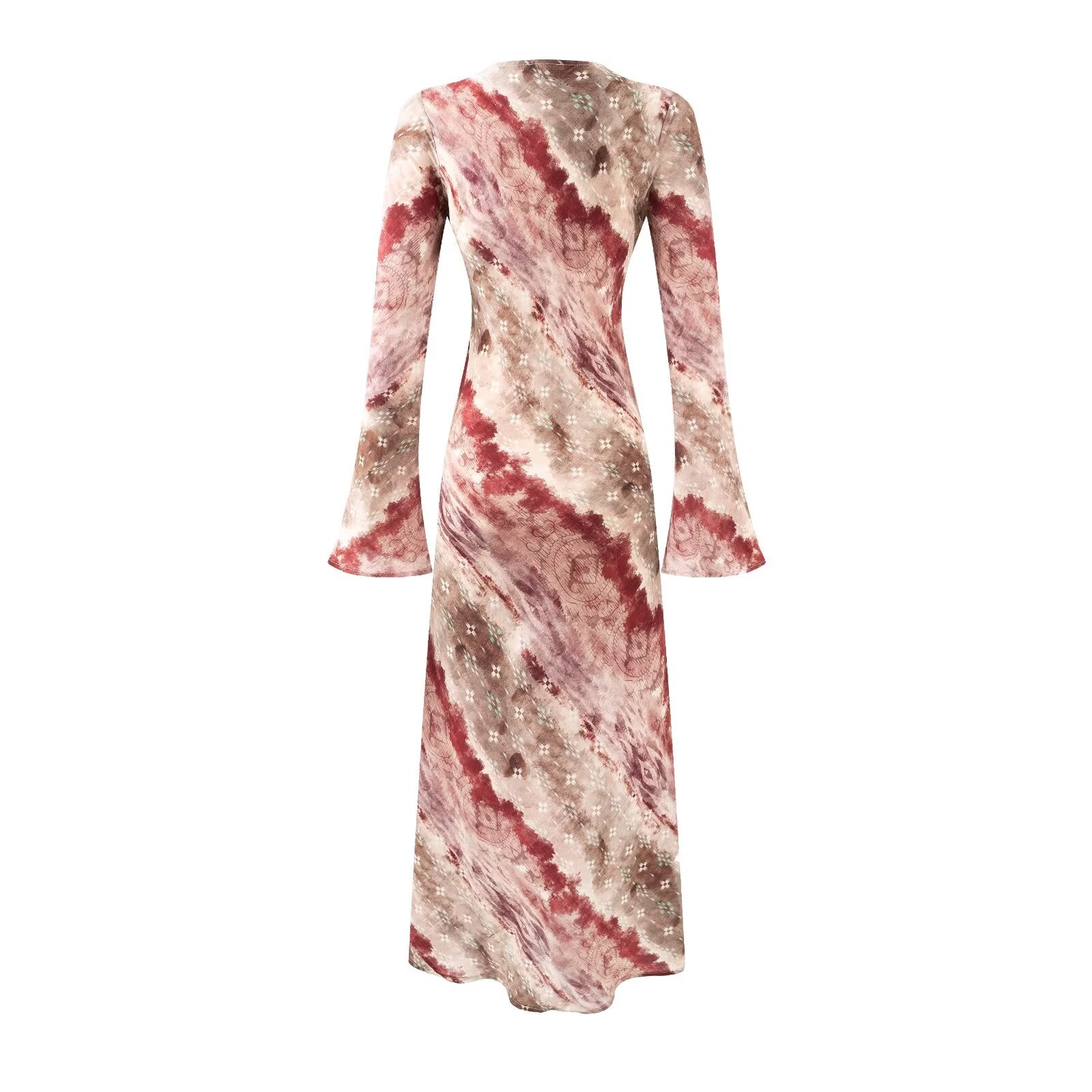Robe longue de vacances chic et évasée à manches longues à imprimé vintage et col rond
