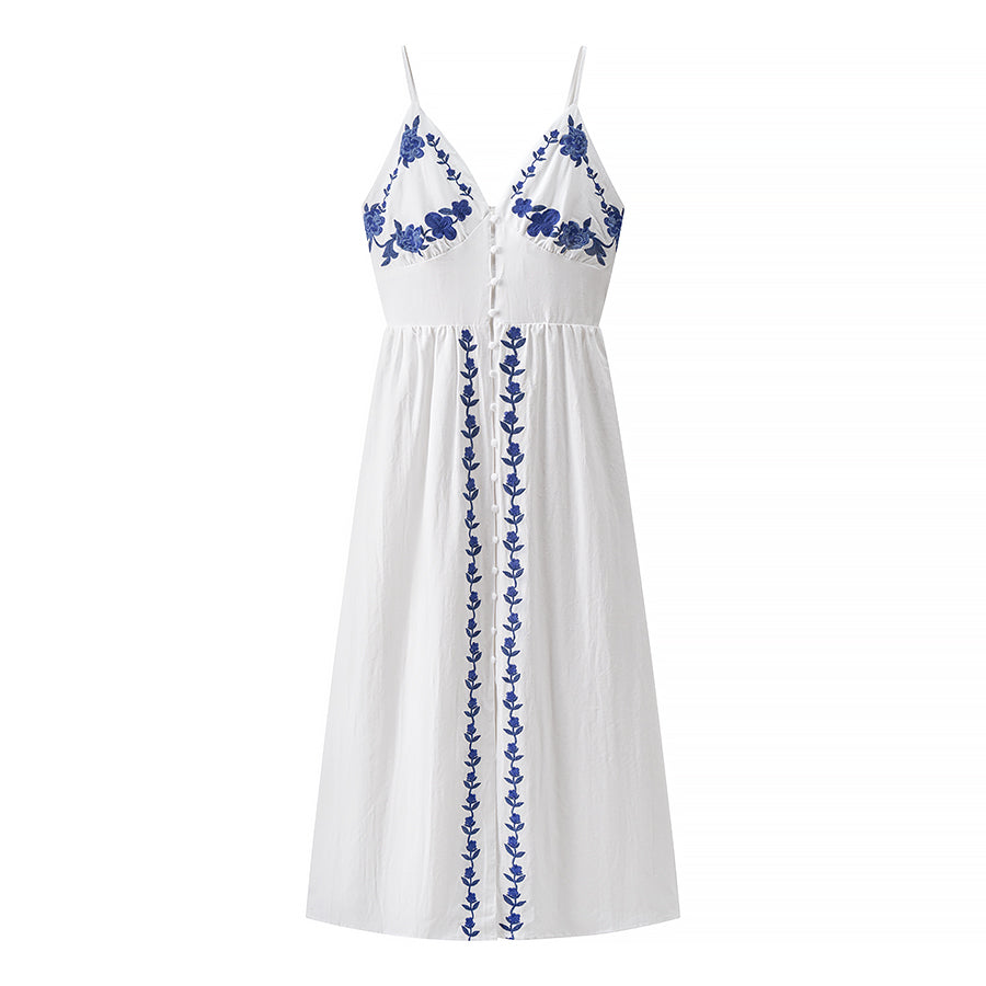 Robe mi-longue brodée à bretelles pour femmes - Collection automne/vacances