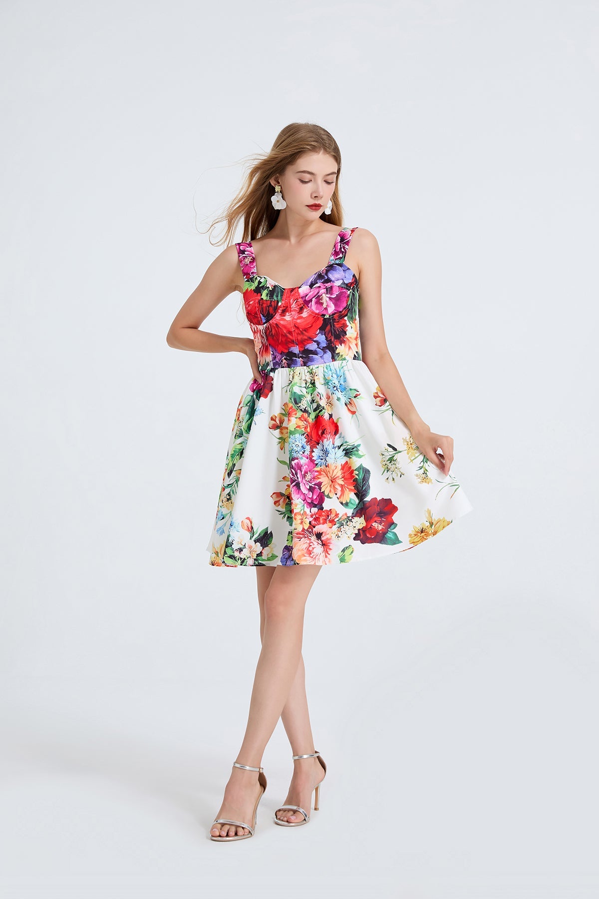 Damen hoch tailliertes bedrucktes Neckholder-Minikleid mit elastischen Rückenträgern