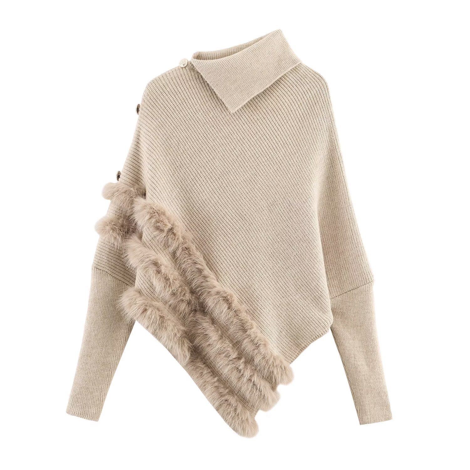 Pull col roulé asymétrique irrégulier à manches longues en tricot lâche avec coutures en fourrure pour femme