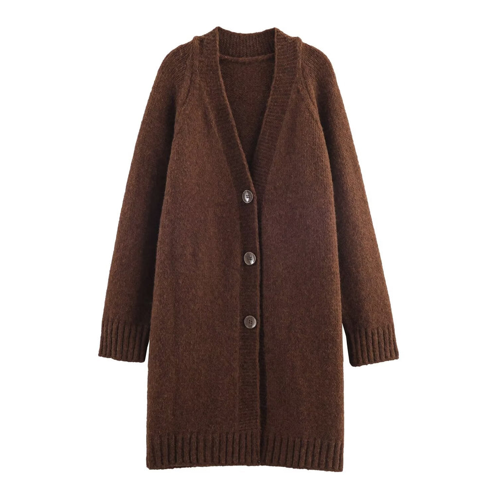 Fortschrittlicher Retro Lazy V-Ausschnitt Pullover Mantel Damen Herbst Winter Locker Mittellang Weicher Glutinous Strickcardigan