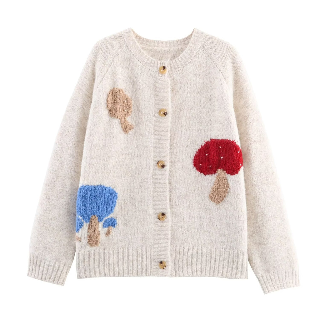 Cardigan à motif champignon mignon Bouton Cardigan tricoté Coupe ample Pull Niche Vêtement d'extérieur