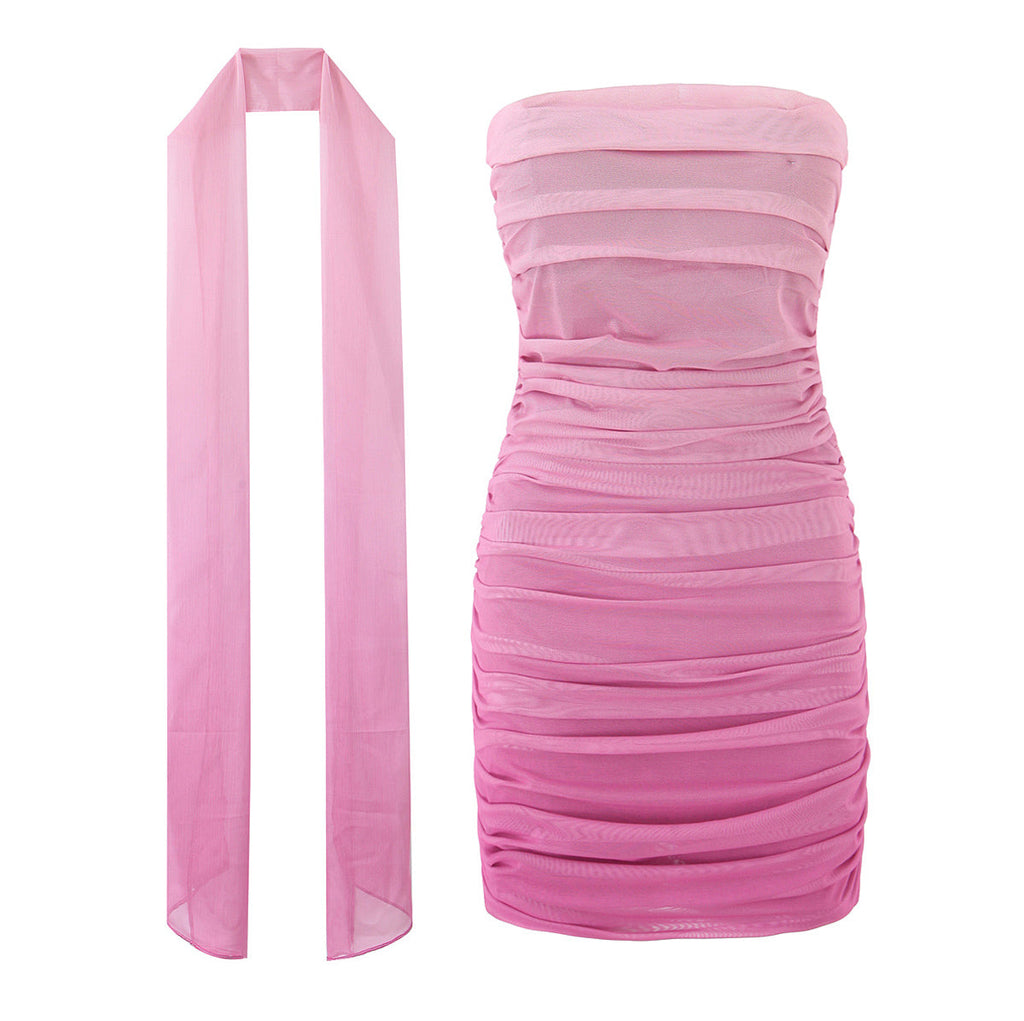 Robe Femme Sexy à Bretelles, sans Manches, Plissée, Dégradé Rose, Taille Ajustée, Élastique, pour les Fêtes