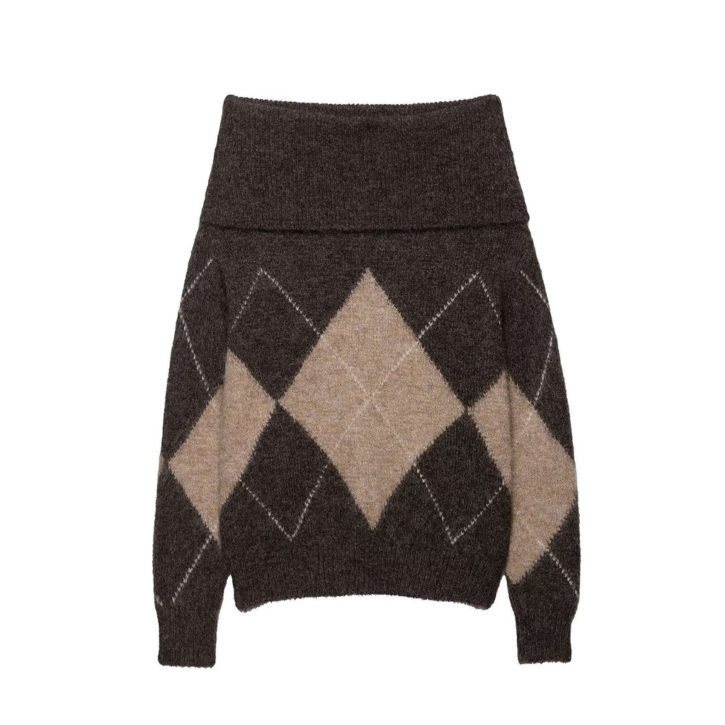 Frühherbst Damenbekleidung Pendler Freizeit All-Match Pullover Rautenmuster Schulterfreier Pullover