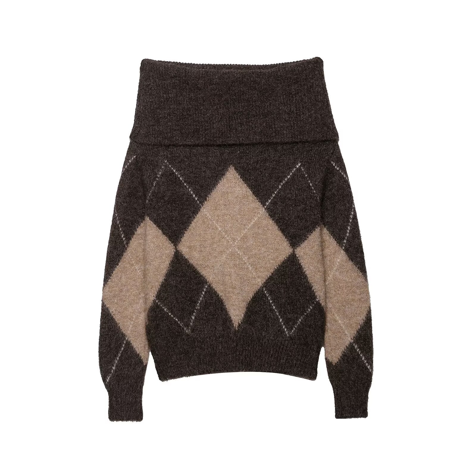 Frühherbst Damenbekleidung Pendler Freizeit All-Match Pullover Rautenmuster Schulterfreier Pullover