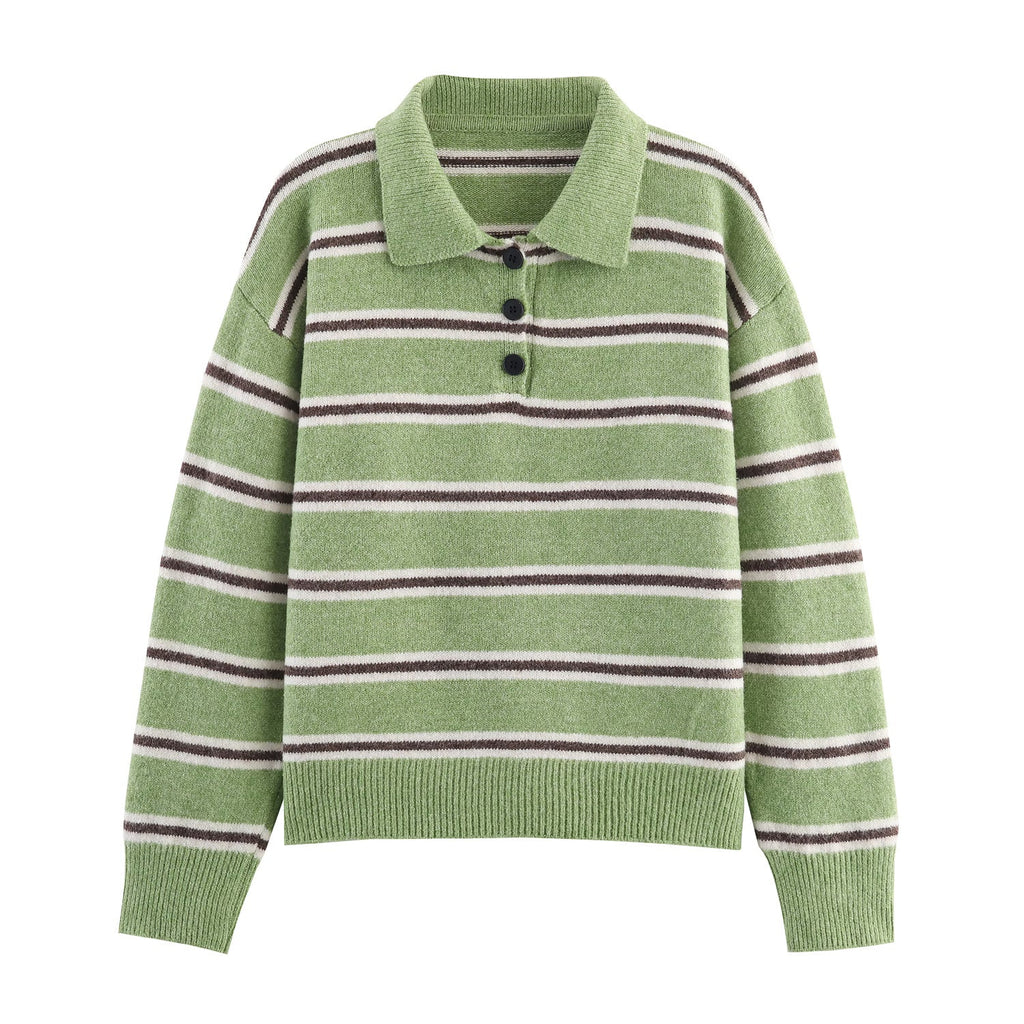 Haut de chandail tricoté à rayures, col polo, pull demi-cardigan boutonné, pour femme, automne