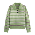 Haut de chandail tricoté à rayures, col polo, pull demi-cardigan boutonné, pour femme, automne