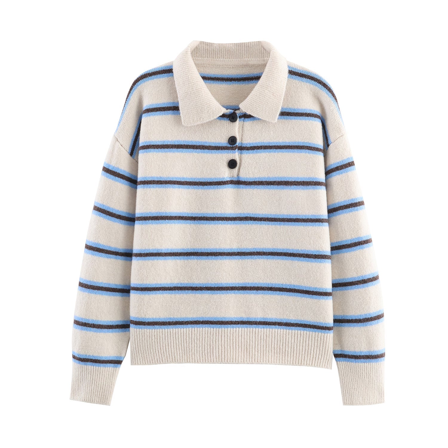 Damen-Herbstkleidung Halb-Cardigan Knopf-Pullover Polo-Kragen Streifen Strickpullover Top