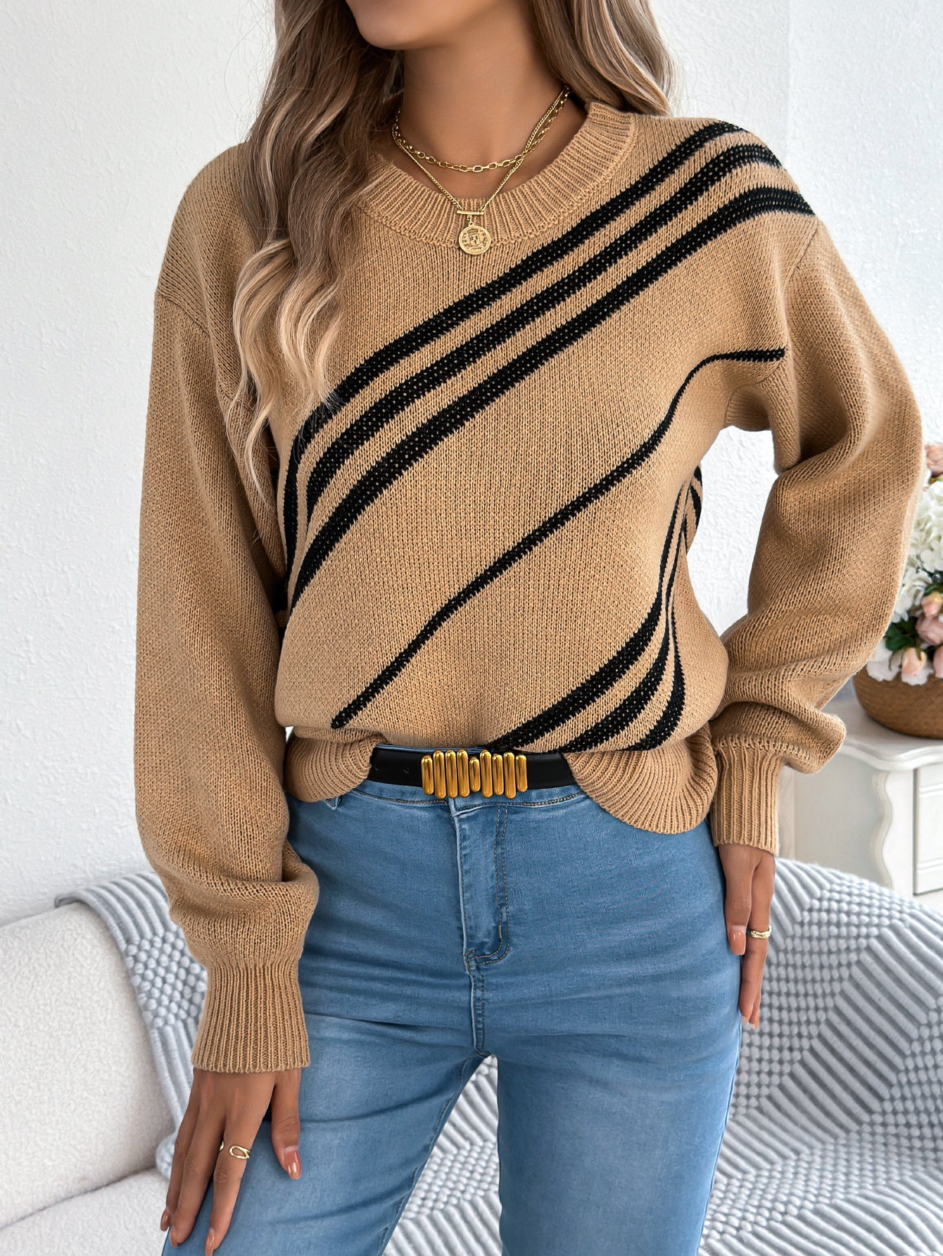 Damenbekleidung Herbst Winter Lässiger gestreifter Rundhals-Pullover mit Laternenärmeln