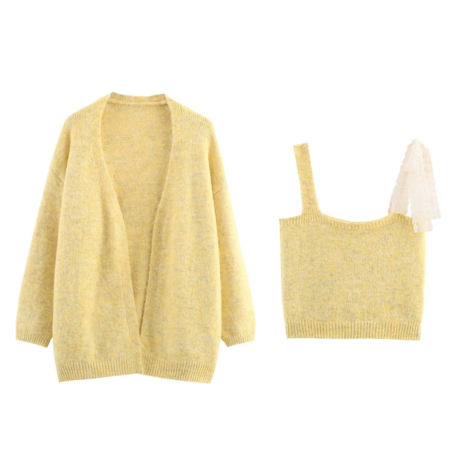 Ensemble deux pièces gilet tricoté avec blouse à col en dentelle et bretelles pour femme