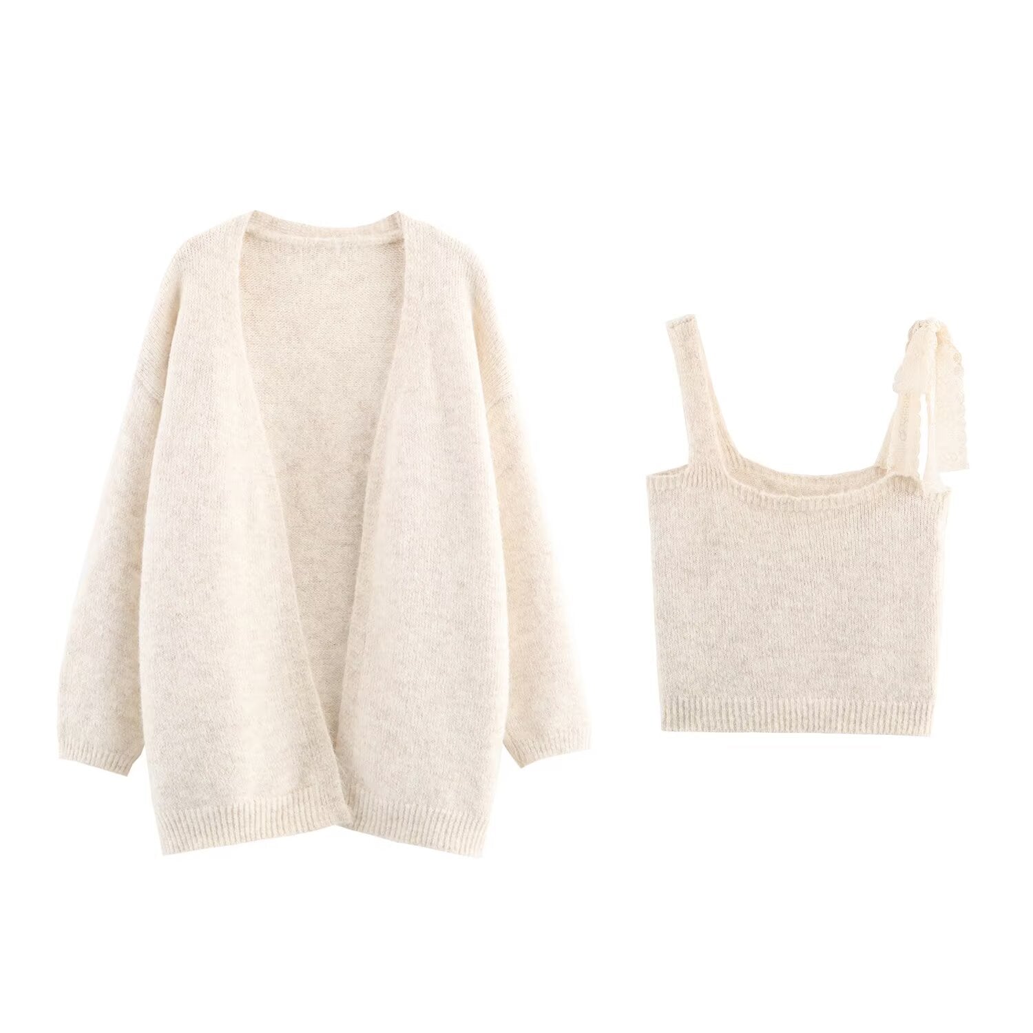 Ensemble deux pièces gilet tricoté avec blouse à col en dentelle et bretelles pour femme