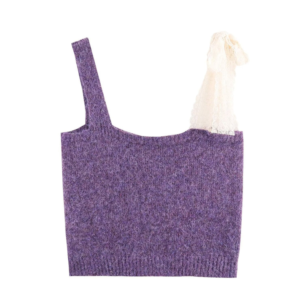 Ensemble deux pièces gilet tricoté avec blouse à col en dentelle et bretelles pour femme