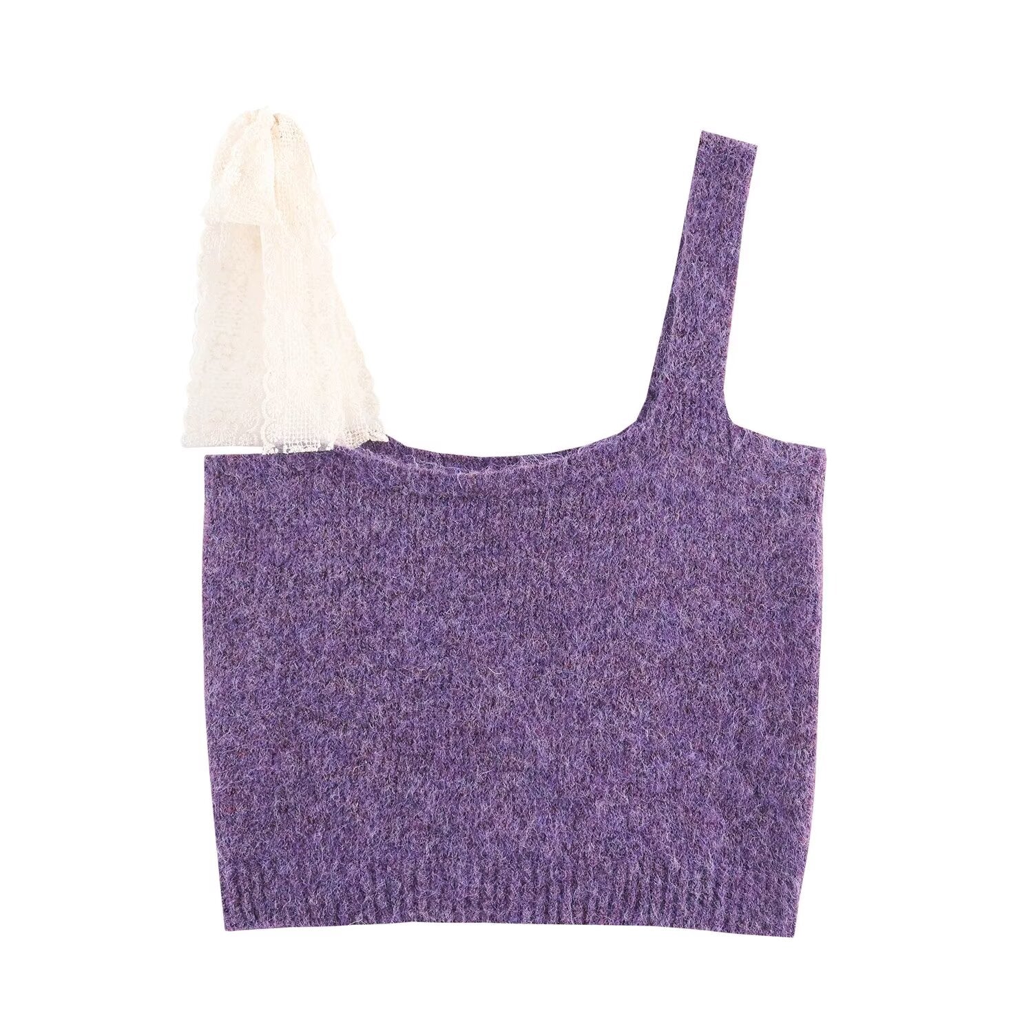 Ensemble deux pièces gilet tricoté avec blouse à col en dentelle et bretelles pour femme