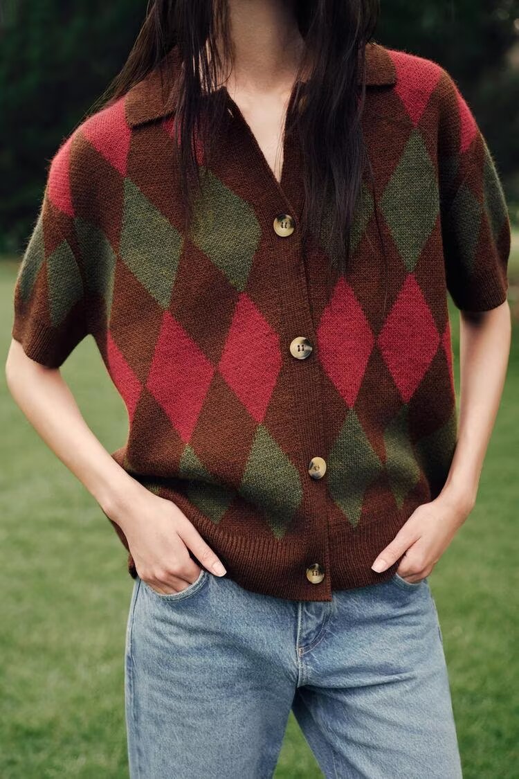 Polo en maille à motif losanges d'automne