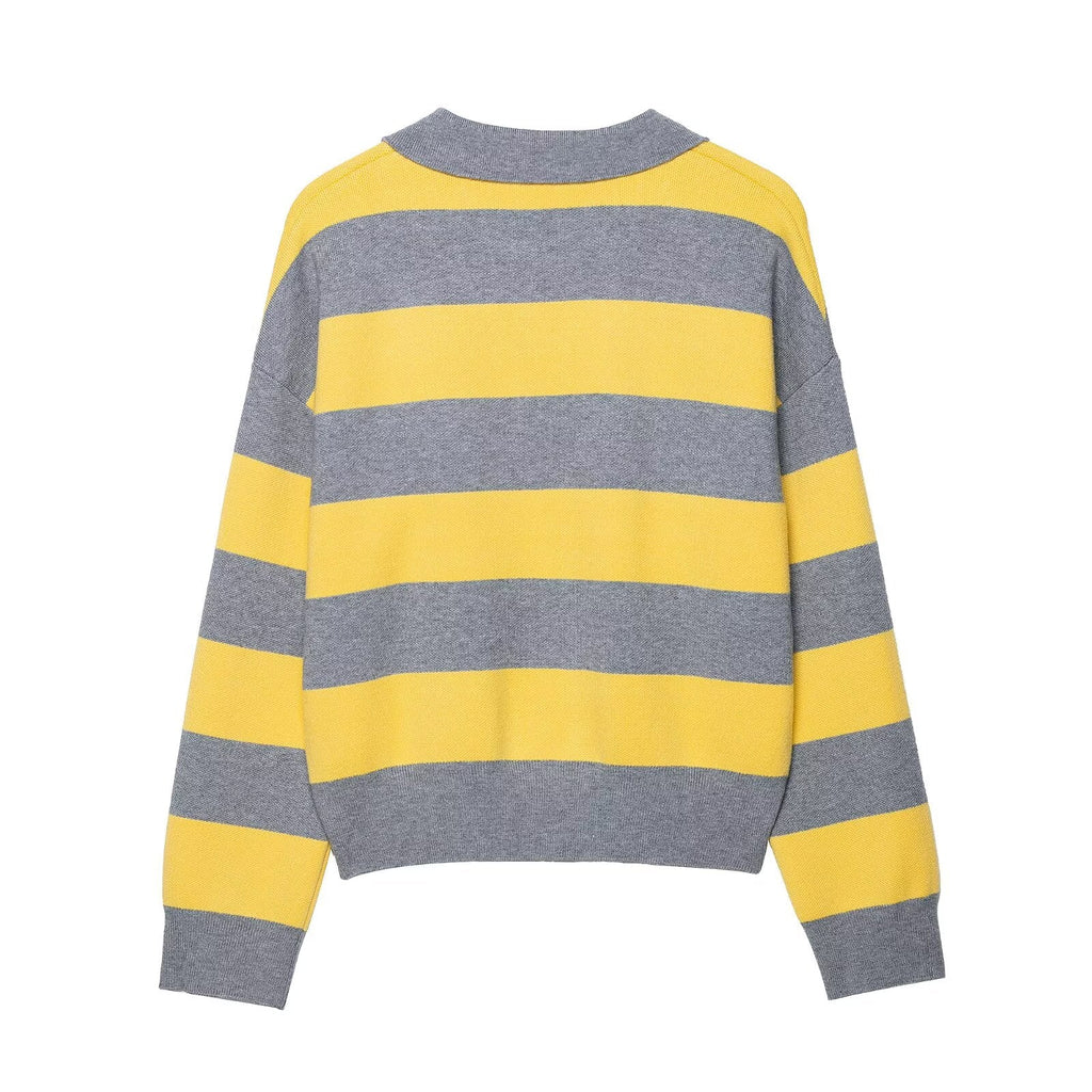 Pull-over en tricot ample à rayures contrastées avec col et effet amincissant