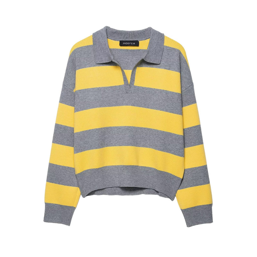 Pull-over en tricot ample à rayures contrastées avec col et effet amincissant