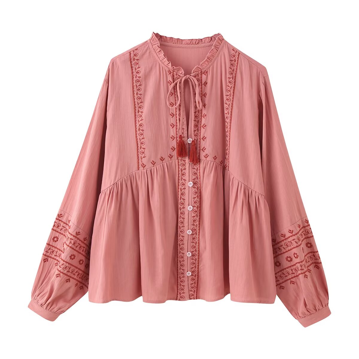 Chemise brodée contrastée à manches longues pour femme