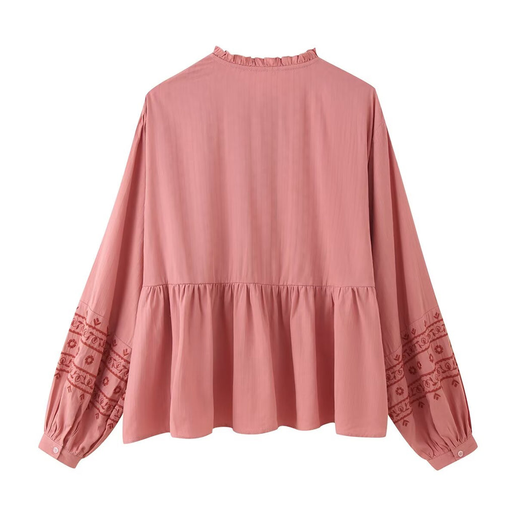 Chemise brodée contrastée à manches longues pour femme