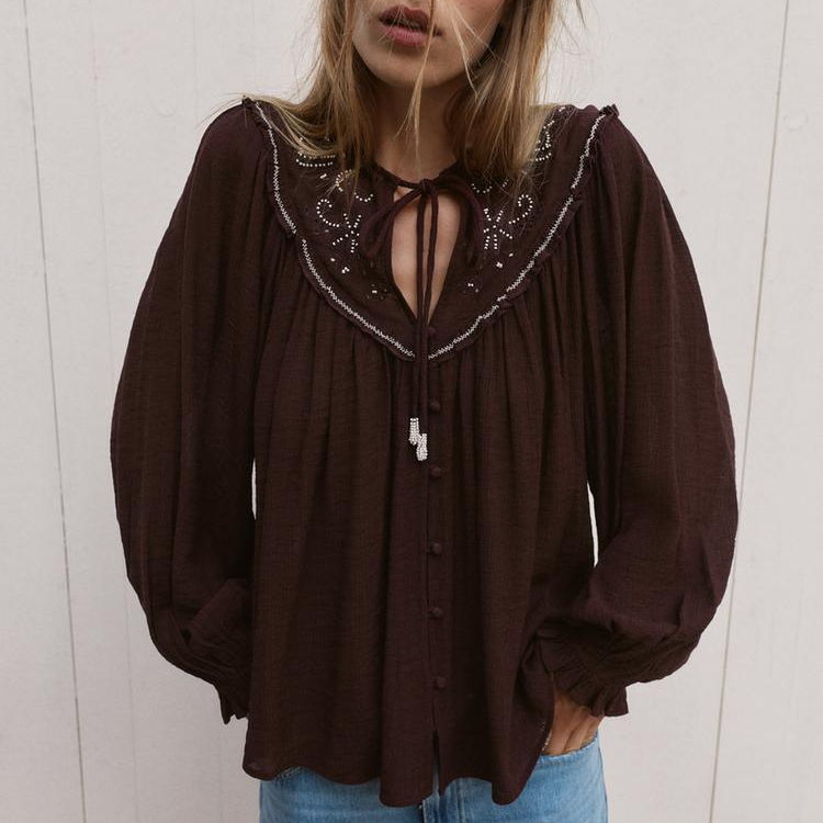 Damen Langarm Casual Besticktes Perlen-Hemd