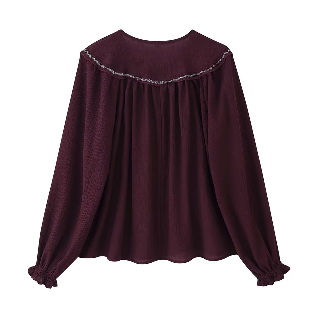 Damen Langarm Casual Besticktes Perlen-Hemd