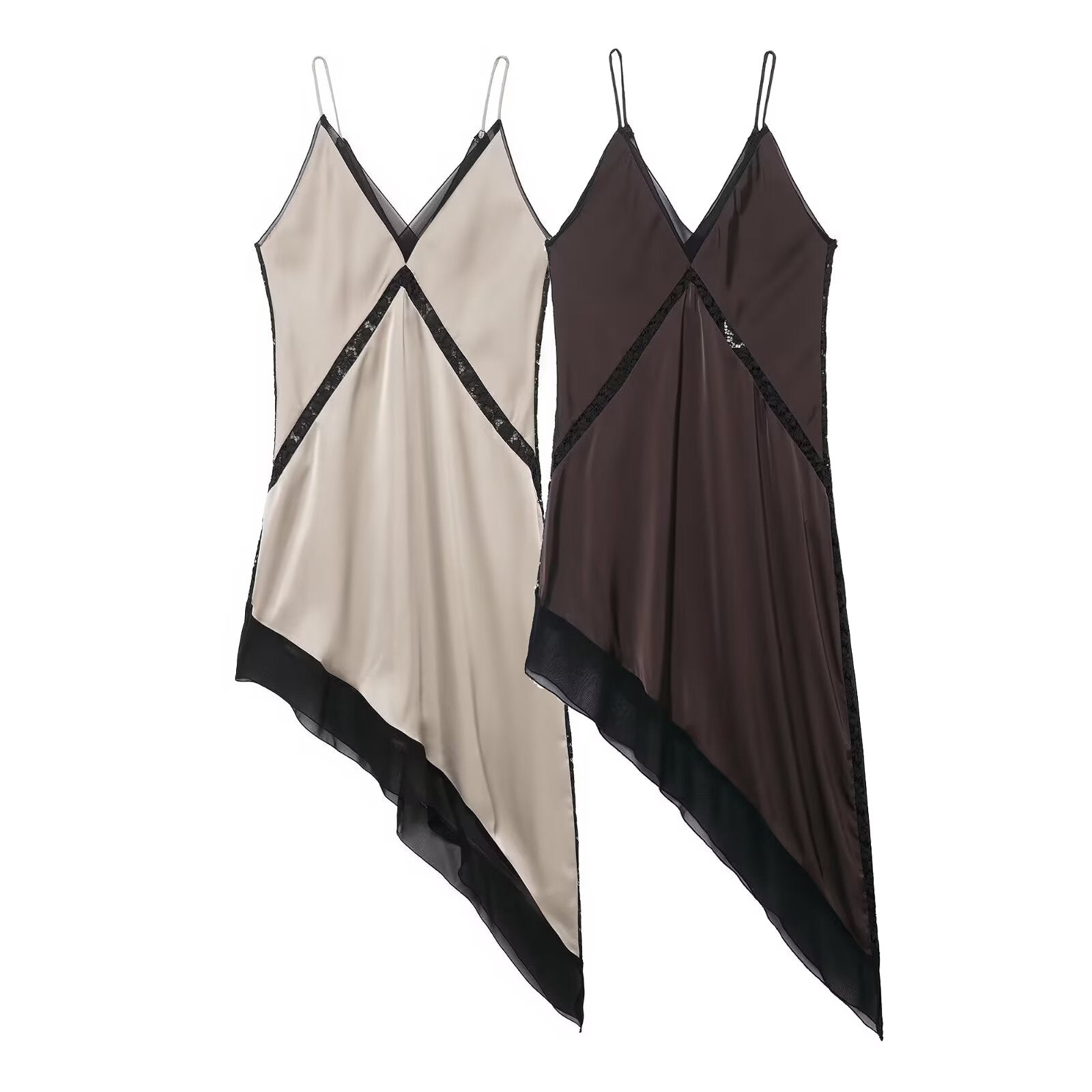 Robe midi asymétrique en satin à col en V et fines bretelles élégante