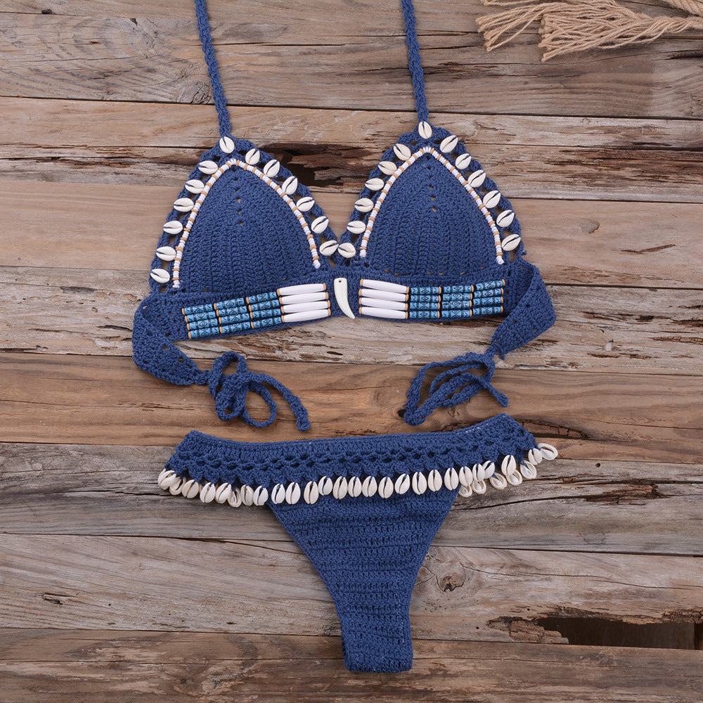 Maillot de bain deux pièces tissé à la main avec coquillages, effet push-up, sexy, pour femme, idéal pour les vacances à la plage