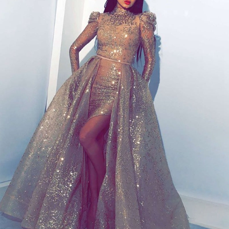 Vêtements pour femmes, stand indépendant, grande robe sexy dorée à balançoire, robe de soirée cocktail fendue