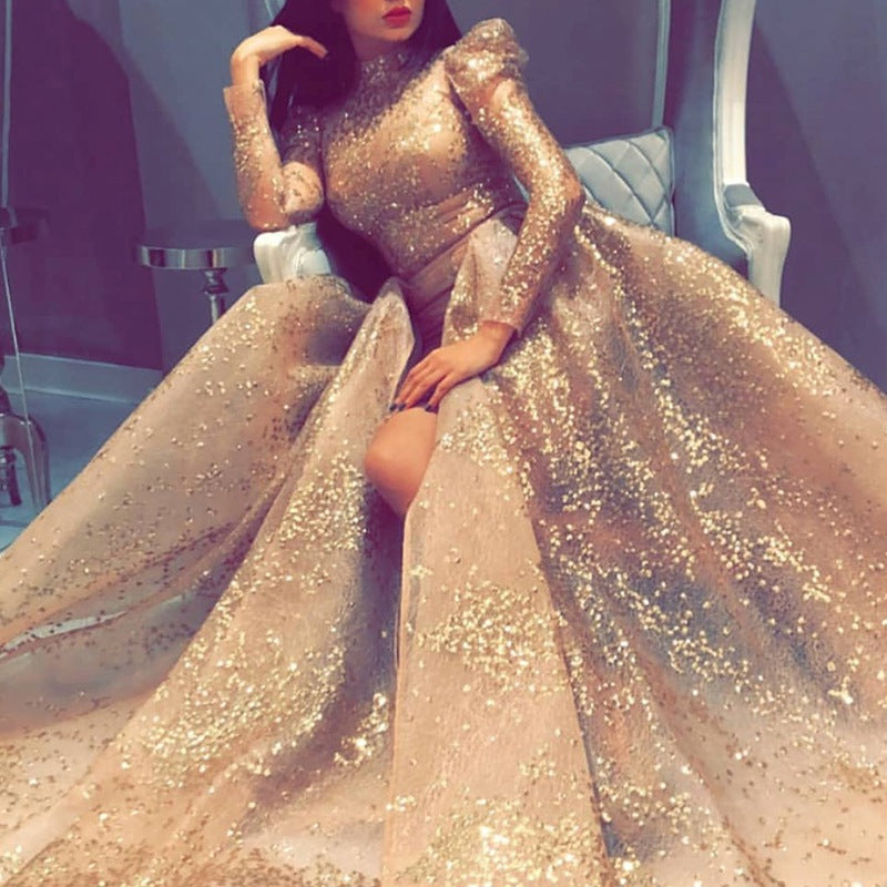 Vêtements pour femmes, stand indépendant, grande robe sexy dorée à balançoire, robe de soirée cocktail fendue