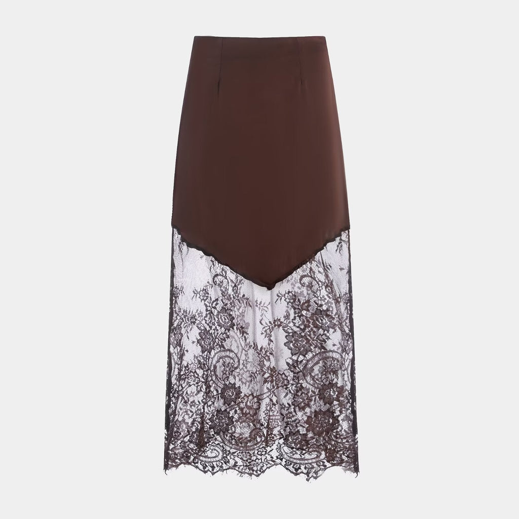 Vêtements Femme Hiver Sexy Jupe Longue Taille Haute en Dentelle Transparente