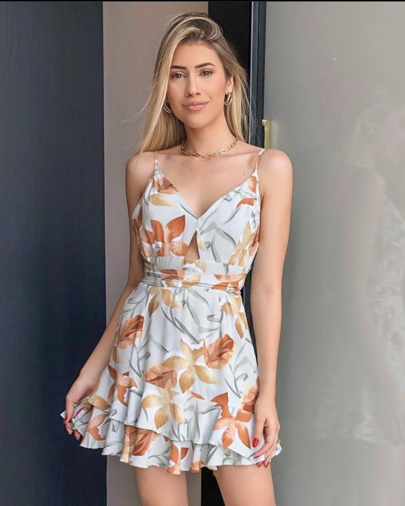 Robe Femme sans Manches à Col V Imprimée Sexy Exposée
