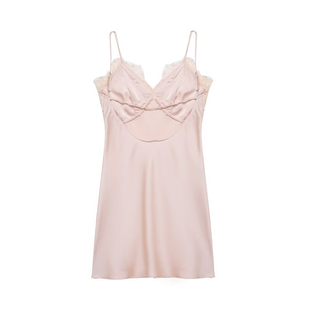 Frühling Damenbekleidung Eleganter, modischer, schlankmachender Seidensatin-Spitzen-Stich-Cami-Kleid