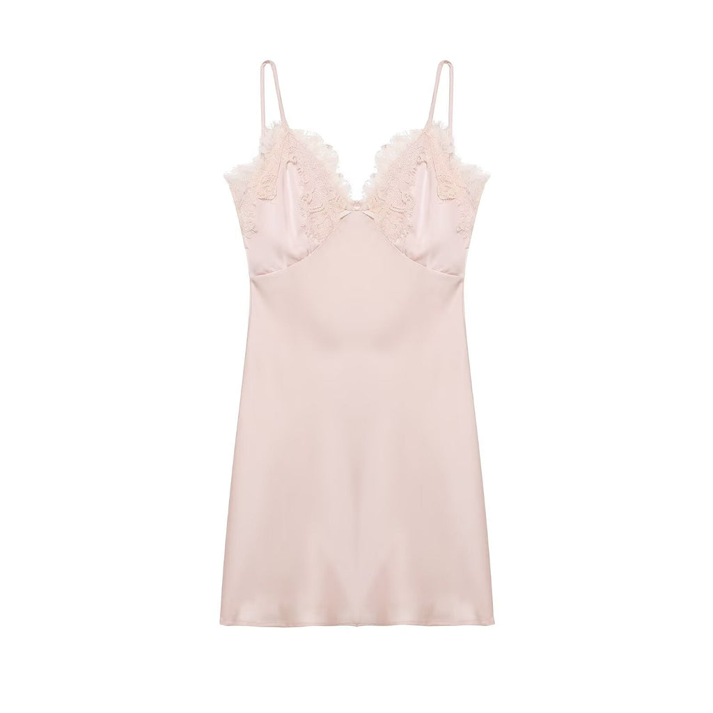 Frühling Damenbekleidung Eleganter, modischer, schlankmachender Seidensatin-Spitzen-Stich-Cami-Kleid
