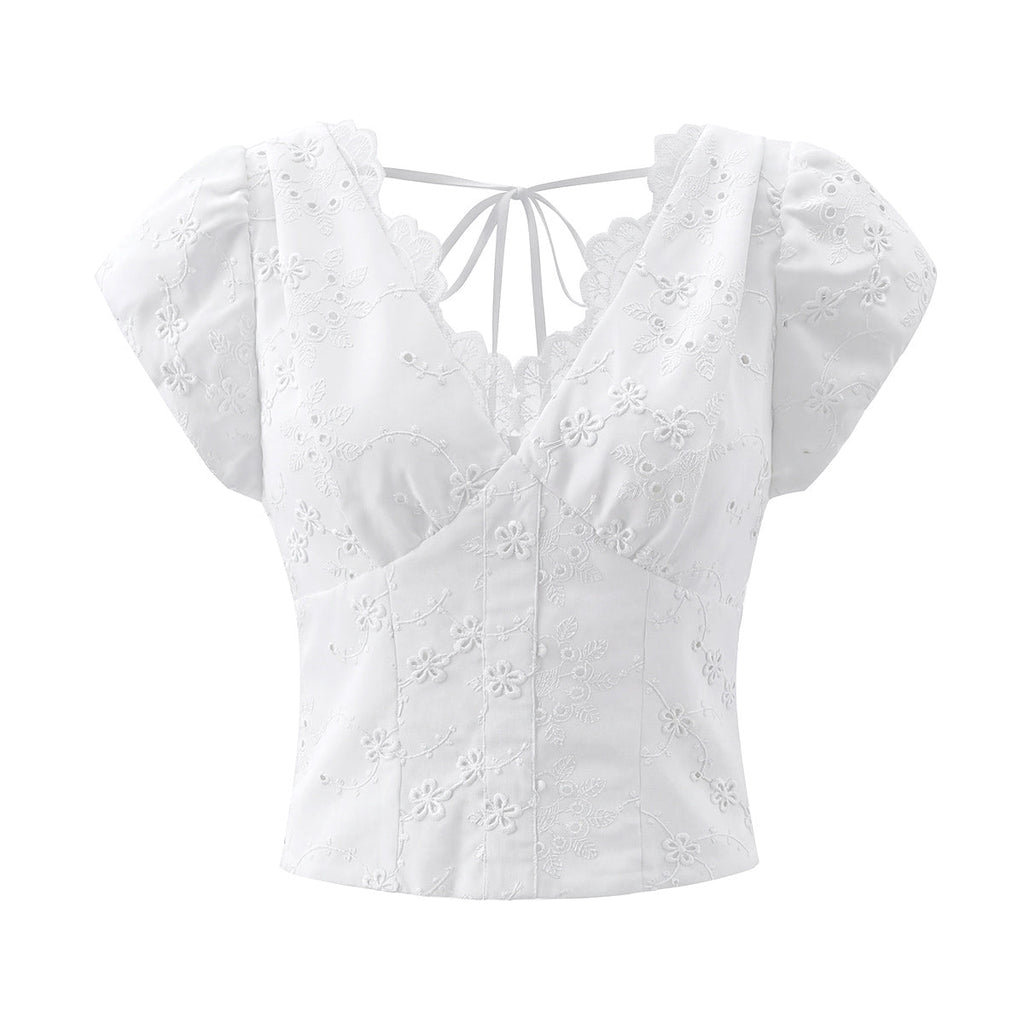 Vietnam Nischen Süß Bestickt Aushöhlung Ausschnitt Dreidimensional Jacquard Design Reißverschluss Hinten Puffärmel V-Ausschnitt Shirt Top