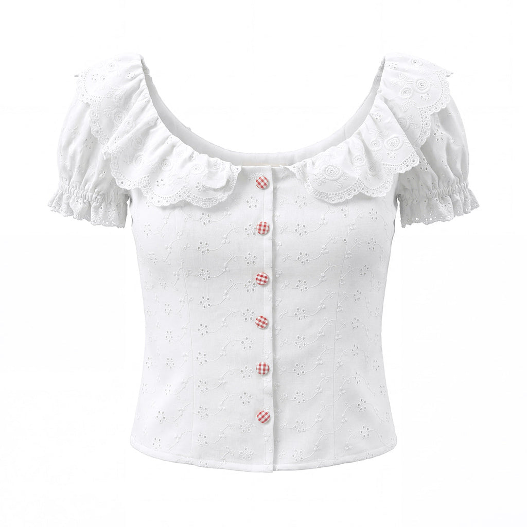 Spitzenkragen Nischenblase Ärmel Weißes Hemd Damen Eleganz Retro Einreihig Hohl Durchbrochen Stickerei Taille Eng Sexy Kleines Oberteil