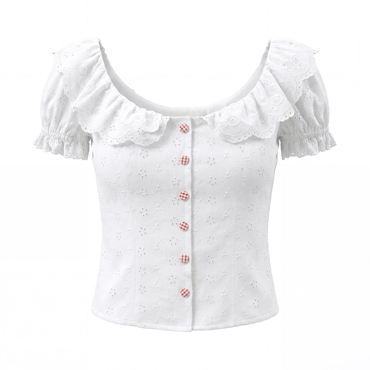 Spitzenkragen Nischenblase Ärmel Weißes Hemd Damen Eleganz Retro Einreihig Hohl Durchbrochen Stickerei Taille Eng Sexy Kleines Oberteil