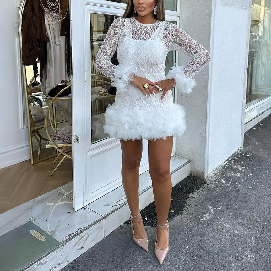 Damen Frühling Spitze Rundhals Zweiteiler Kleid