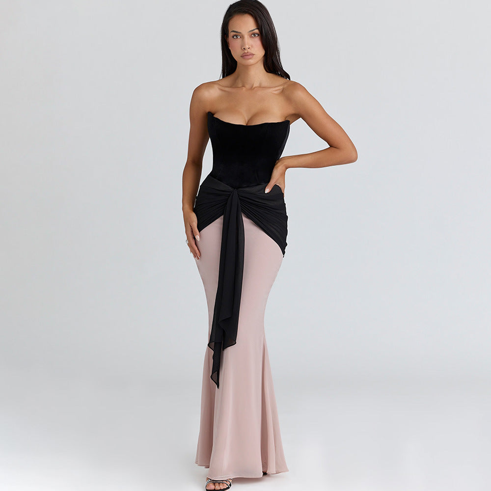 Plissiertes Band, figurbetontes Kleid mit hoher Taille, sexy Wickelbrust, tailliertes Kleid mit Farbkontrast und Patchwork