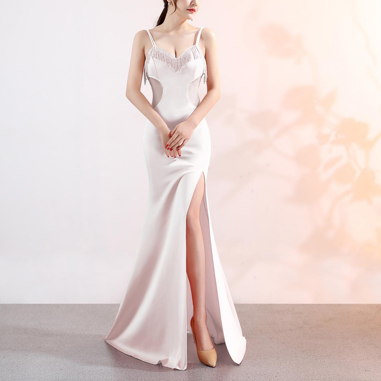 Abendkleid mit tiefem V-Ausschnitt, lang, sexy, schmal geschnitten, mit Schlitz, für Nachtclub-Auftritte und gesellschaftliche Anlässe