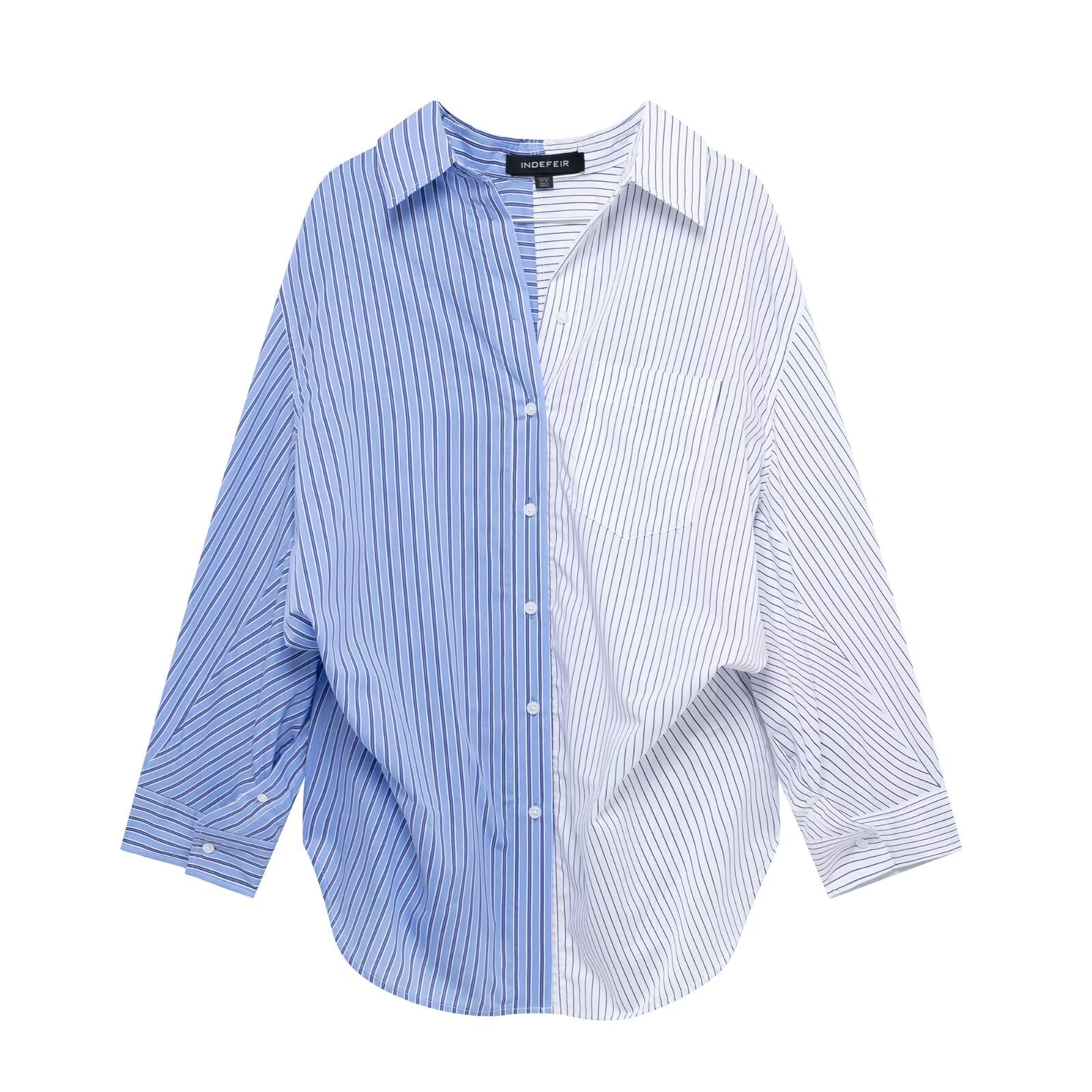 Damen Bluse aus gestreifter Popeline mit Patchwork-Muster, locker geschnitten, Kragen und langen Ärmeln