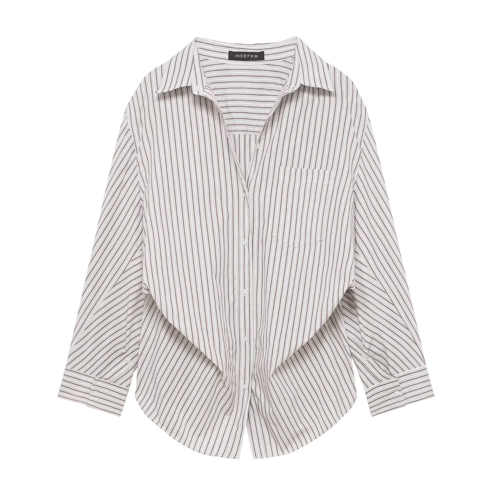 Damen Bluse aus gestreifter Popeline mit Patchwork-Muster, locker geschnitten, Kragen und langen Ärmeln
