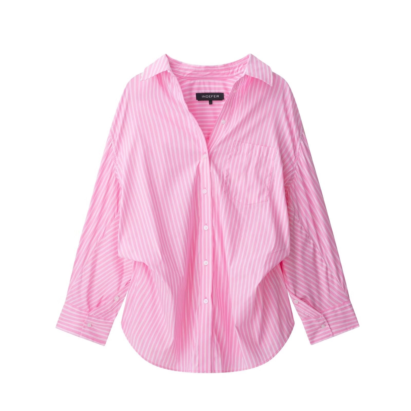 Damen Bluse aus gestreifter Popeline mit Patchwork-Muster, locker geschnitten, Kragen und langen Ärmeln