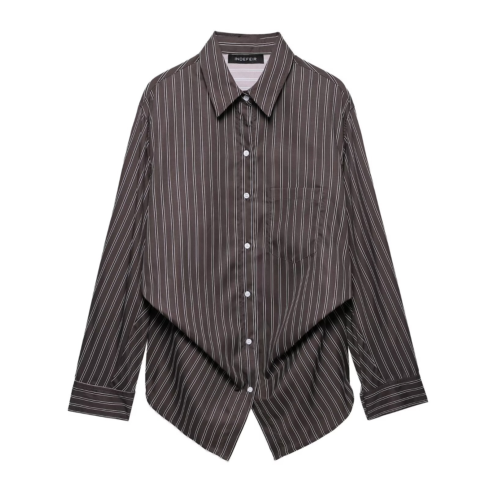 Damen Bluse aus gestreifter Popeline mit Patchwork-Muster, locker geschnitten, Kragen und langen Ärmeln