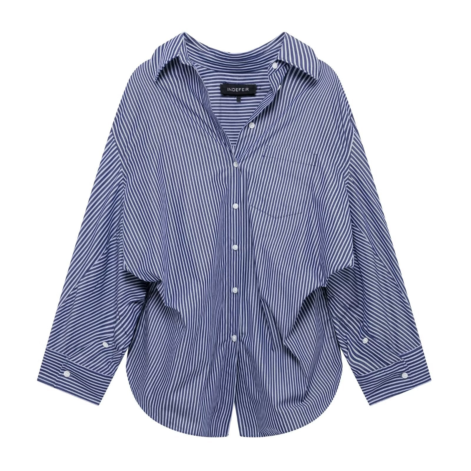 Damen Bluse aus gestreifter Popeline mit Patchwork-Muster, locker geschnitten, Kragen und langen Ärmeln