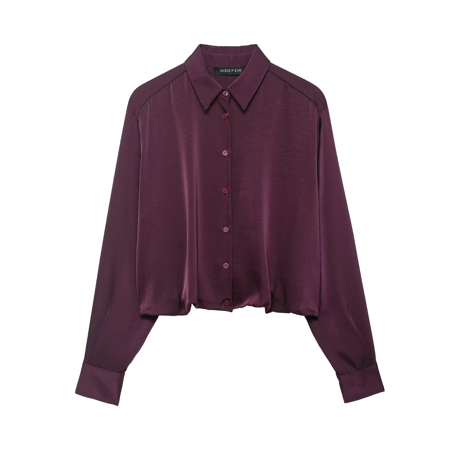 Damenbekleidung Herbst Retro Kurzarmhemd aus weinrotem Satin, leicht kombinierbar