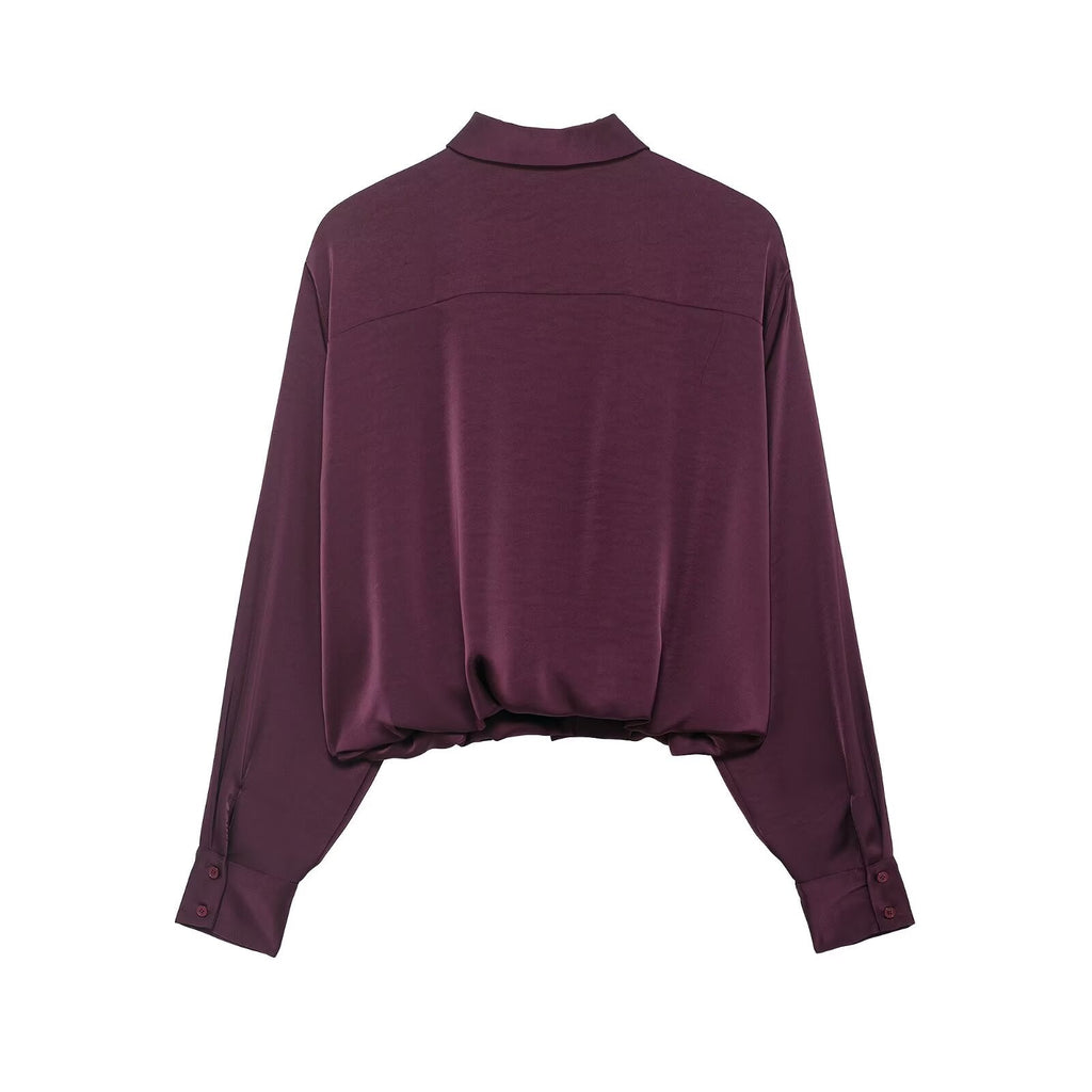 Damenbekleidung Herbst Retro Kurzarmhemd aus weinrotem Satin, leicht kombinierbar