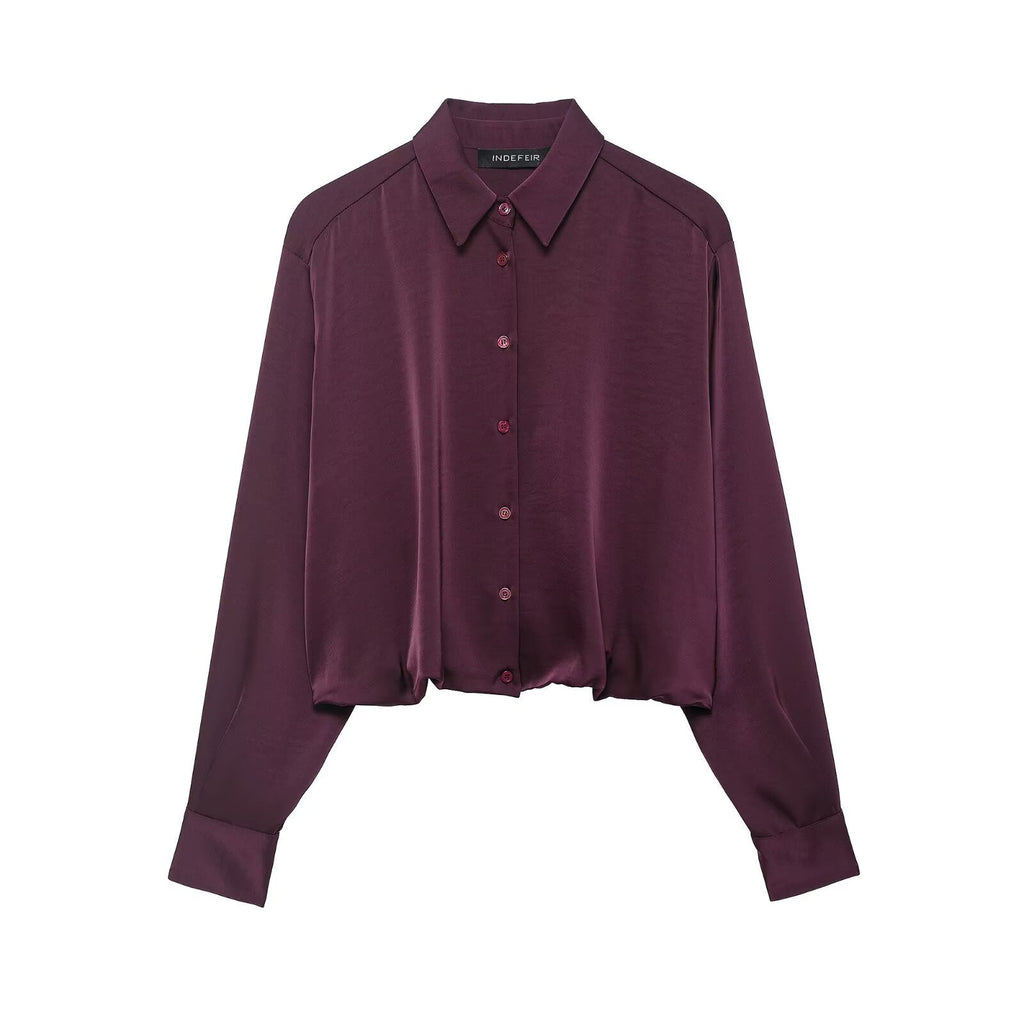 Damenbekleidung Herbst Retro Kurzarmhemd aus weinrotem Satin, leicht kombinierbar