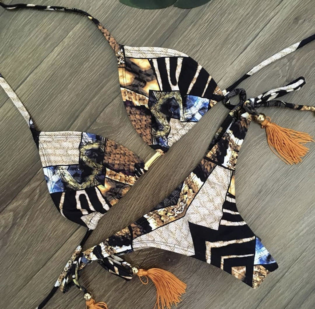 Bedruckter Bikini mit Quasten-Bikini-Bademode